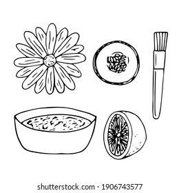 Set of home made cosmetics, vector doodle illustration, bowl, brush and products