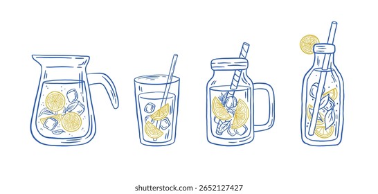 Conjunto de casa feito limonada com gelo em óculos ilustração vetor. Bebida fresca italiana de verão. Coquetel de citrinos