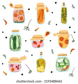 Set Of Home Made Pickles, Canned Fruit And Vegetables In Cartoon Hand Drawn Flat Style. Glass Jar With Preserved Food, Compote, Marmalade, Jam Autumn Harvest Season, Marinated Veggies, Stewed Berries.