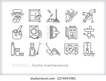 Set von häuslichen Instandhaltungssymbolen, die nach einem Jahres- oder Jahreszeitplan überprüft, gereinigt oder angepasst werden sollen