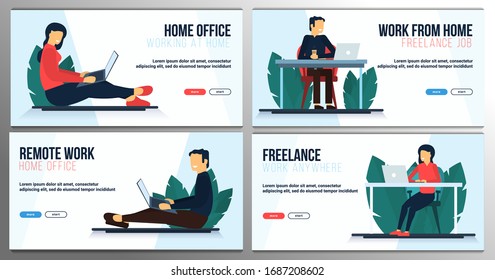 Set of Home Office banners. Freelance or studying concept. Cute illustration in flat style