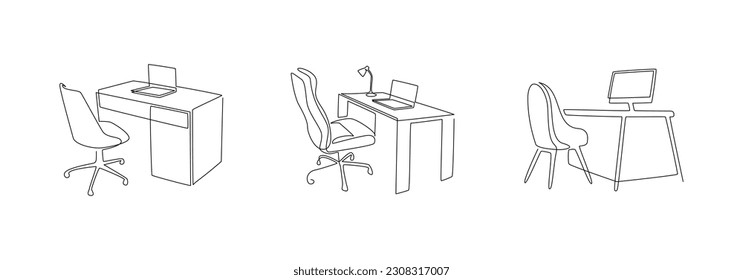 Set of home office interiors in one continuous line drawing. Modern work tables and chairs with computers in simple linear style. Remote work concept in editable stroke. Doodle vector illustration