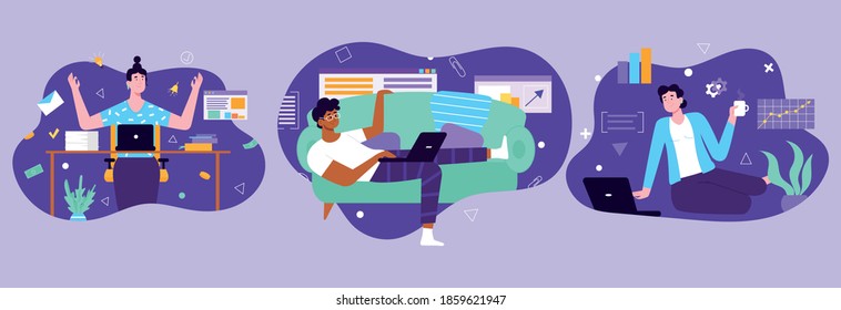 Set of home office work and freelance. Young People working on laptop sitting on table, on floor  and sofa.Vector illustration in flat style.