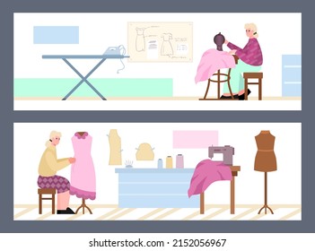 Set of home pages, banners, woman tailor sews a dress, vector flat illustration. Dressmaker is in workshop, atelier is working. Interior of a tailor shop. Master tailor in workshop sews clothes