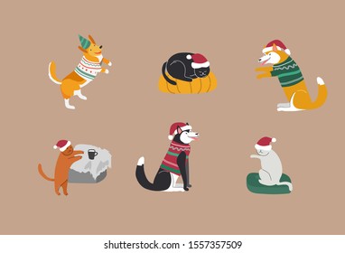 Set of Home pets dressed in Christmas costumes with accessories and knited sweaters. Cozy Winter holiday season illustration and New year typography in Hygge style