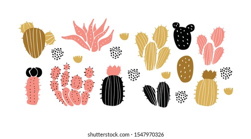 Set of home plants - cactuses, succulents in pots  in scandinavian style. Perfect for textile, wallpaper for kids. Scandinavian plants background in pastel colors
