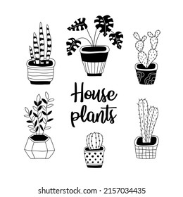 Set of Home plants in cute pots collection in hand drawn style. Outline hand drawing. Perfect for t-shirt, apparel, cards, poster, nursery decoration. Vector illustration