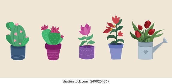 Set of home plants. Doodle style. Collection of potted home plants, It blooms