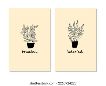 Set of home plants in flowerpot hand drawing black and white vector illustration. Trendy, vintage, urban jungle decor.