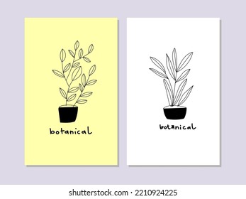 Set of home plants in flowerpot hand drawing black and white vector illustration. Trendy, vintage, urban jungle decor.