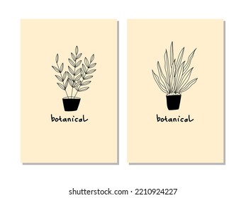 Set of home plants in flowerpot hand drawing black and white vector illustration. Trendy, vintage, urban jungle decor.