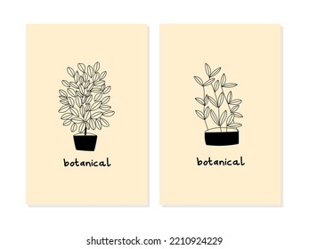 Set of home plants in flowerpot hand drawing black and white vector illustration. Trendy, vintage, urban jungle decor.