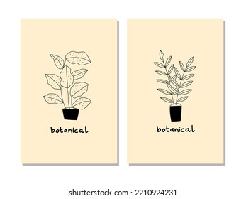 Set of home plants in flowerpot hand drawing black and white vector illustration. Trendy, vintage, urban jungle decor.