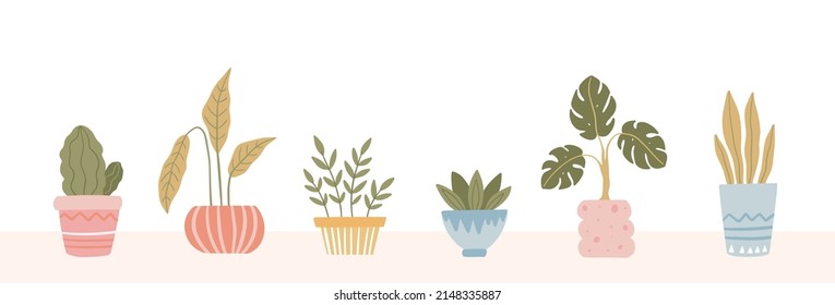 Set of home plants in Flowerpot. Trendy hand drawn houseplant in pot. Vector isolated illustration on white background