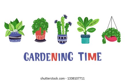 set of home plants or flowers in pots, home garden or greenhouse, lettering, collection of isolated elements on white. Flat style, Scandinavian. Vector illustration