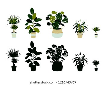 Set of home plants isolated on white. Vector illustration. Plant silhouettes. Home plant in a pot. Interior design element.