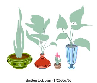 set of a home plants in modern ceramic pots & vases with ornament & simple pattern, interior element, pastel color vector illustration isolated on white background in doodle and hand drawn style