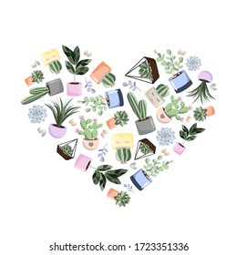 
Set of home plants in the shape of a heart Succulents and cacti 