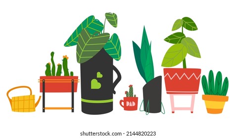 Set of home plants. A small palm tree and aloe vera and cacti in garden pots. Indoor potted plants for home decor. Cartoon flat vector illustration