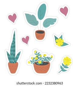 Set of home plants stickers in ceramic pots. Vector illustration in hand drawn style. Yellow flowers, hearts and leaves in pastel colors.