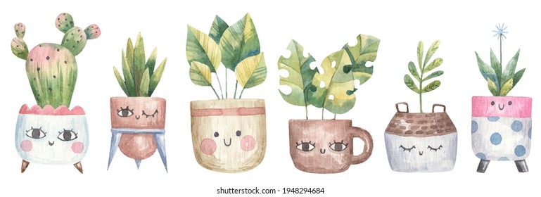 conjunto de plantas de hogar, suculentos, monstera, cactus en una maceta de flores con ojos, linda ilustración