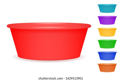 Set of home plastic basins for washing. Collection of various basins for food and home cleaning. Vector illustration isolated on white.