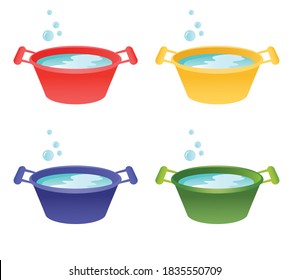 Set of home plastic basins for washing. Collection of various basins for food and home cleaning. Vector illustration isolated on white. Tub with soap suds and water, washing clothes, washing