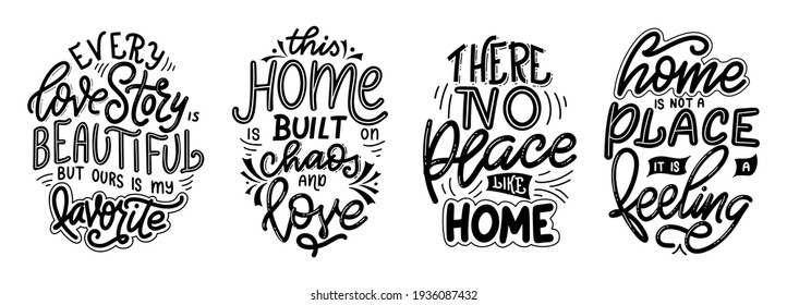 Set of home quote on white background. Photography family overlays. Hand drawn lettering poster for housewarming poster, greeting card, decoration. Vector illustration.