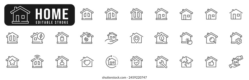 Set of home related line icons. House, estate, building, property etc. Editable stroke