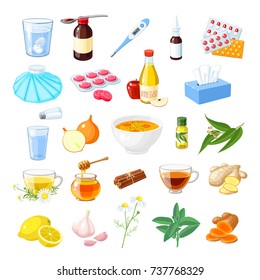 Set Heilmittel gegen Halsschmerzen, Grippe, Influenza, Husten: Arzneimittel Sirup, Honig, natürliche Kräuter und Gewürze, Lazenges, Tabletten, Kapseln, Medikamente. Vektorgrafik-Symbol, einzeln auf weiß.