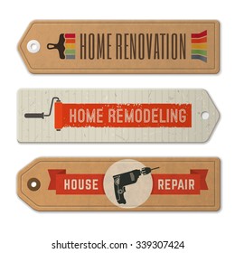 Set of home remodeling logos and labels on cardboard tags. Vintage house renovation illustration.