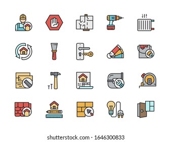 Set of Home Renovation Color Line Icons. Repairman, Radiator, Plumbing and more.