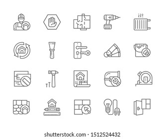 Set of Home Renovation Line Icons. Repairman, Architectural Project, Drilling Machine, Radiator, Putty Knife, Paint Bucket, House Plan, Plumbing and more.