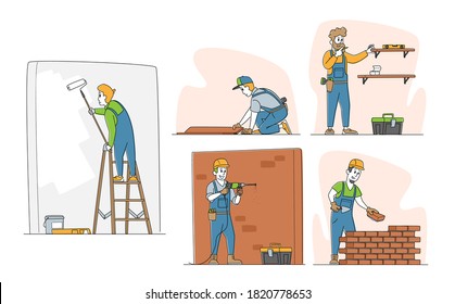 Set Of Home Repair Characters. Workers In Robe Carpentry And Maintenance Works Painting And Drilling Wall, Laying Bricks, Fitting Laminate On Floor And Hanging Shelf. Linear People Vector Illustration