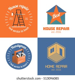 Set Of Home Repair, House Remodel Vector Icon, Symbol, Sign, Logo, Emblem. Template Graphic Design Elements For Construction Company, Builders, Home And House Maintenance With Building Tools, Strairs