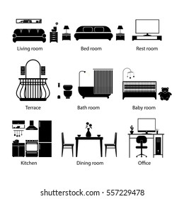 Set of home room types. Thin line style. Furniture in house. Vector icons living, restroom, kitchen, dining, office, terace bathroom bedroom and baby Illustrations
