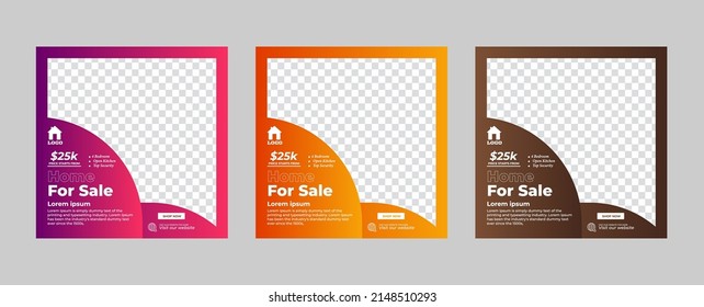 Set of Home sale minimal square banner template. Suitable for social media posts and web internet ads, advertising banners, and Vector illustrations with space of the photo.