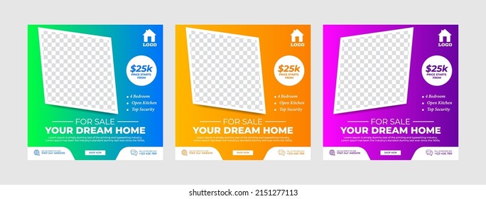 Set of Home sale social media posts. For Instagram posts Facebook posts, internet ads, web ads, Square social media posts. 