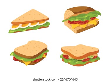 Set of home sandwiches different forms on white background. Vector illustration of breakfast or lunch with delicious toppings in cartoon style.