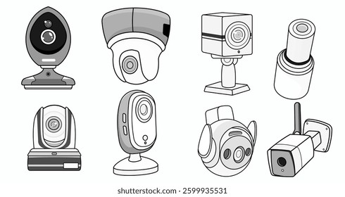 set of Home security cameras video black and white surveillance systems isolated background