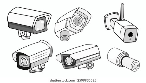 set of Home security cameras video black and white surveillance systems isolated background