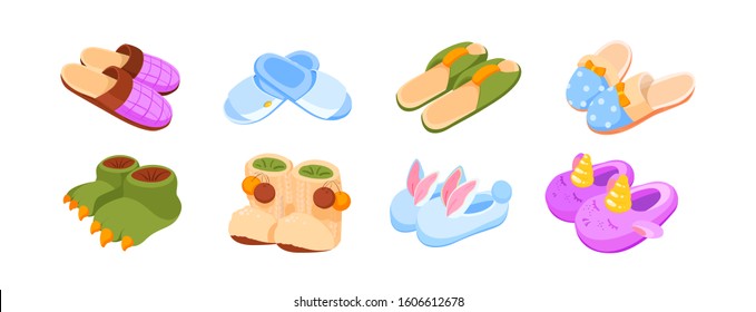 Set of home slippers. Slippers icons collection flat vector illustration. Mens and womens footwear. Children cute slippers in the form of a unicorn, dinosaur and rabbit. Home shoes.