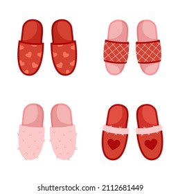 Set of home slippers with Valentine's Day design. Vector illustration in flat cartoon style isolated on white background. 