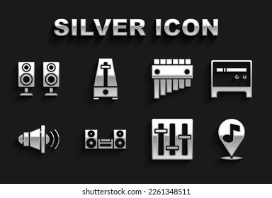 Set Home stereo, Guitar amplifier, Location musical note, Sound mixer controller, Speaker volume, Pan flute, Stereo speaker and Metronome with pendulum icon. Vector
