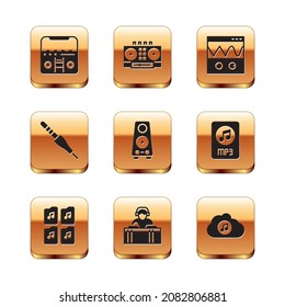 Set Home Stereo With Speakers, Music File Document, DJ Playing Music, Stereo, Audio Jack, Oscilloscope, Streaming Service And Remote And Mixing Icon. Vector