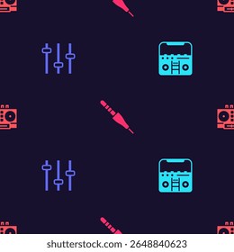 Set Home stereo with speakers, Music equalizer, Audio jack and DJ remote and mixing music on seamless pattern. Vector