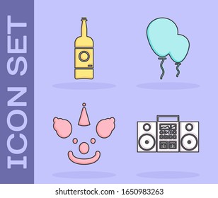 Set Home stereo with two speakers , Beer bottle , Clown head  and Balloons with ribbon  icon. Vector