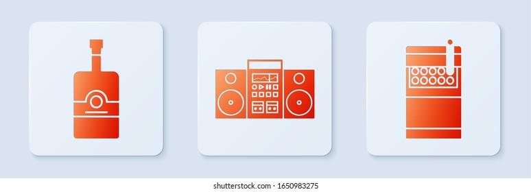 Set Home stereo with two speakers , Whiskey bottle  and Open cigarettes pack box . White square button. Vector