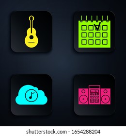 Set Home stereo with two speakers , Guitar , Music streaming service  and Detailed calendar . Black square button. Vector