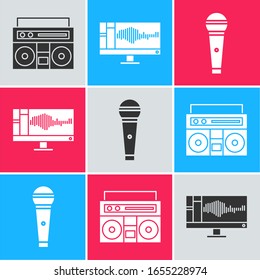 Ajuste el estéreo doméstico con dos altavoces, grabador de sonido o audio en el monitor y el icono del micrófono. Vector
